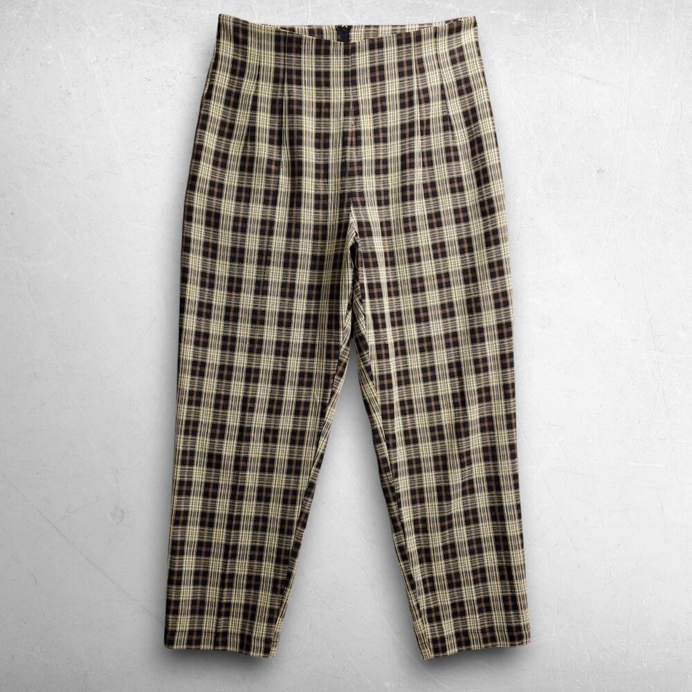 Unique Vintage Relaxed Fit Tapered Leg Pants‎ Zip Back Women L Yellow Plaid